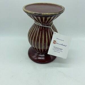 New Home Interiors Red Striped Pillar Candle Holder 7" Glass‎